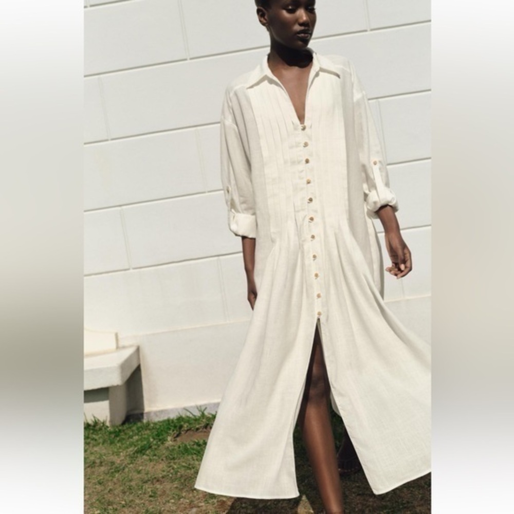 Zara Cream Button-Front Maxi Shirt Dress